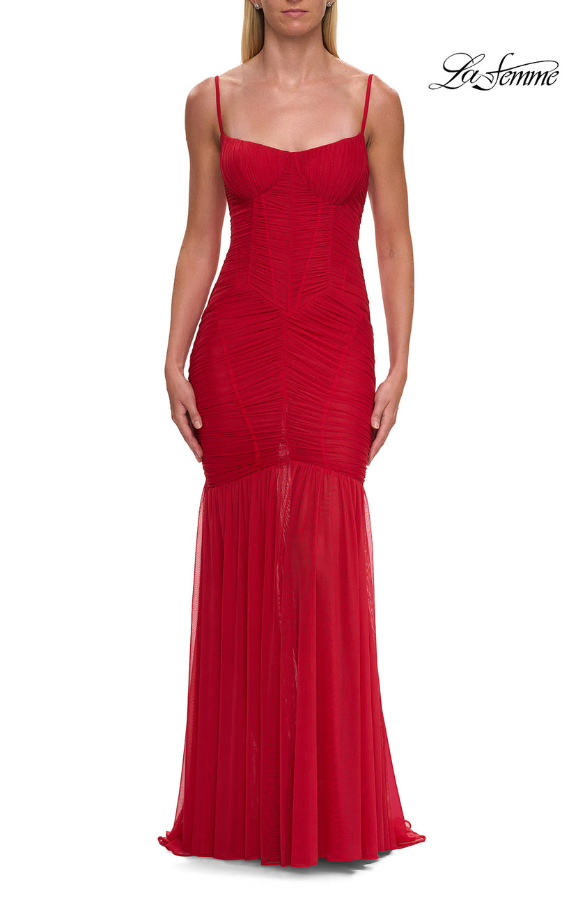 Picture of: Ruched Mesh Fitted Gown with Sheer Flared Hem in Red, Style: 33437, Detail Picture 5