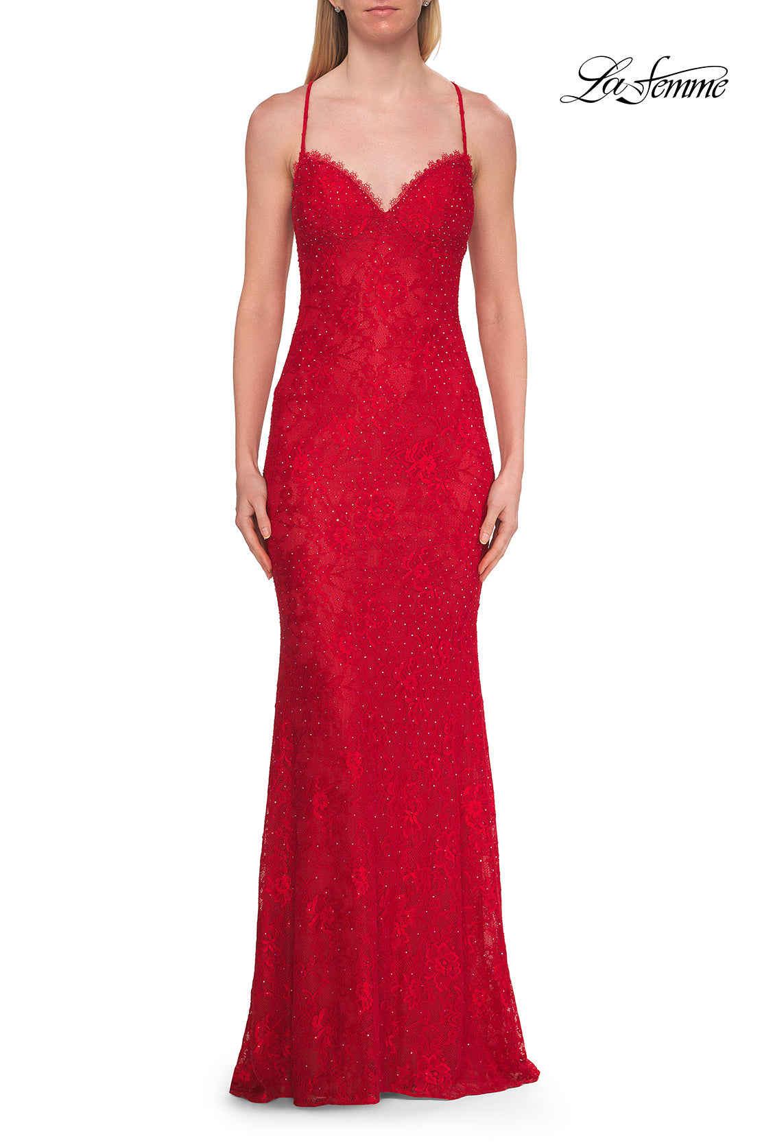 Picture of: Lace Fitted Gown with Crisscross Back and Rhinestones in Red, Style: 33514, Detail Picture 5