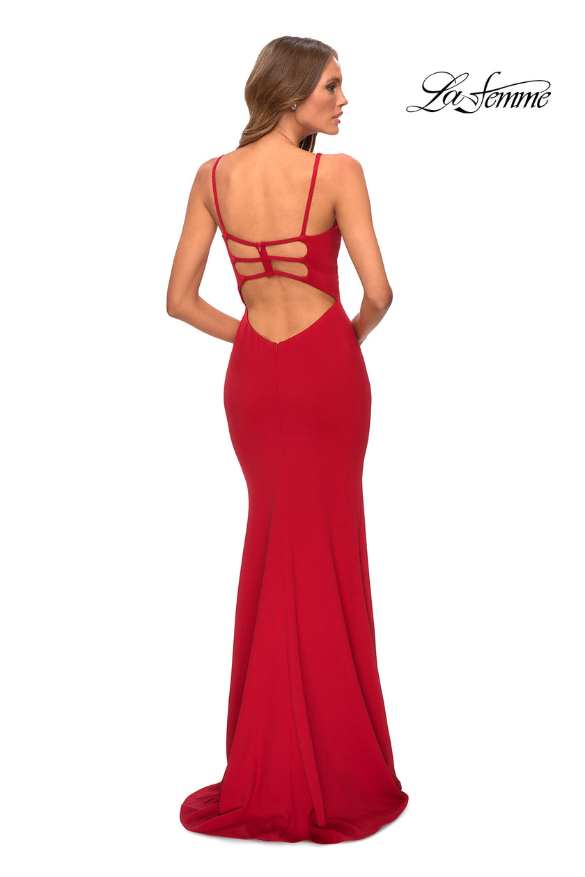 Picture of: Jersey Prom Gown with Lace Up Back and Slit in Red, Style: 28653, Detail Picture 6