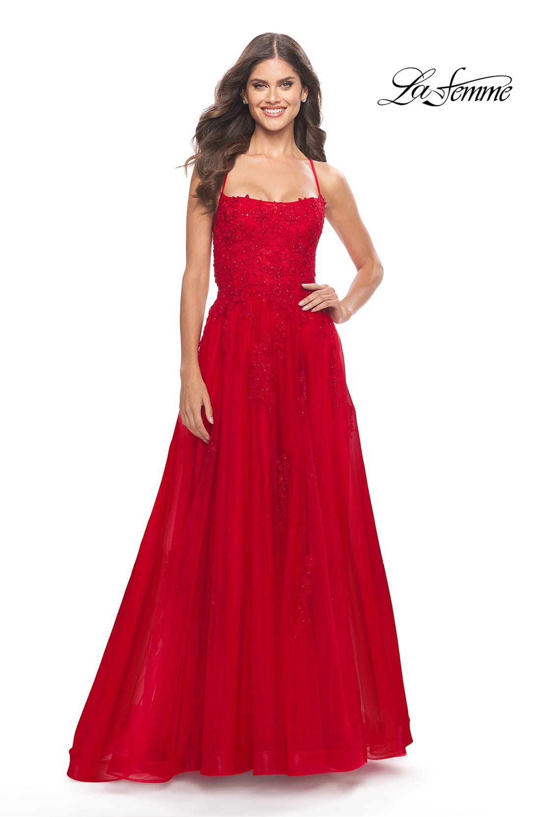 Picture of: A-line Tulle Gown with Floral Embroidery and Pockets in Red, Style: 31135, Detail Picture 6