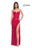 Picture of: Fishnet Rhinestone Prom Dress with Bustier Top and High Slit in Red, Style: 32210, Detail Picture 6