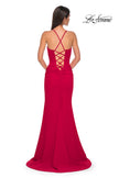 Picture of: Ruched Long Jersey Dress with Draped Rhinestone Neckline in Red , Style 32802, Detail Picture 6