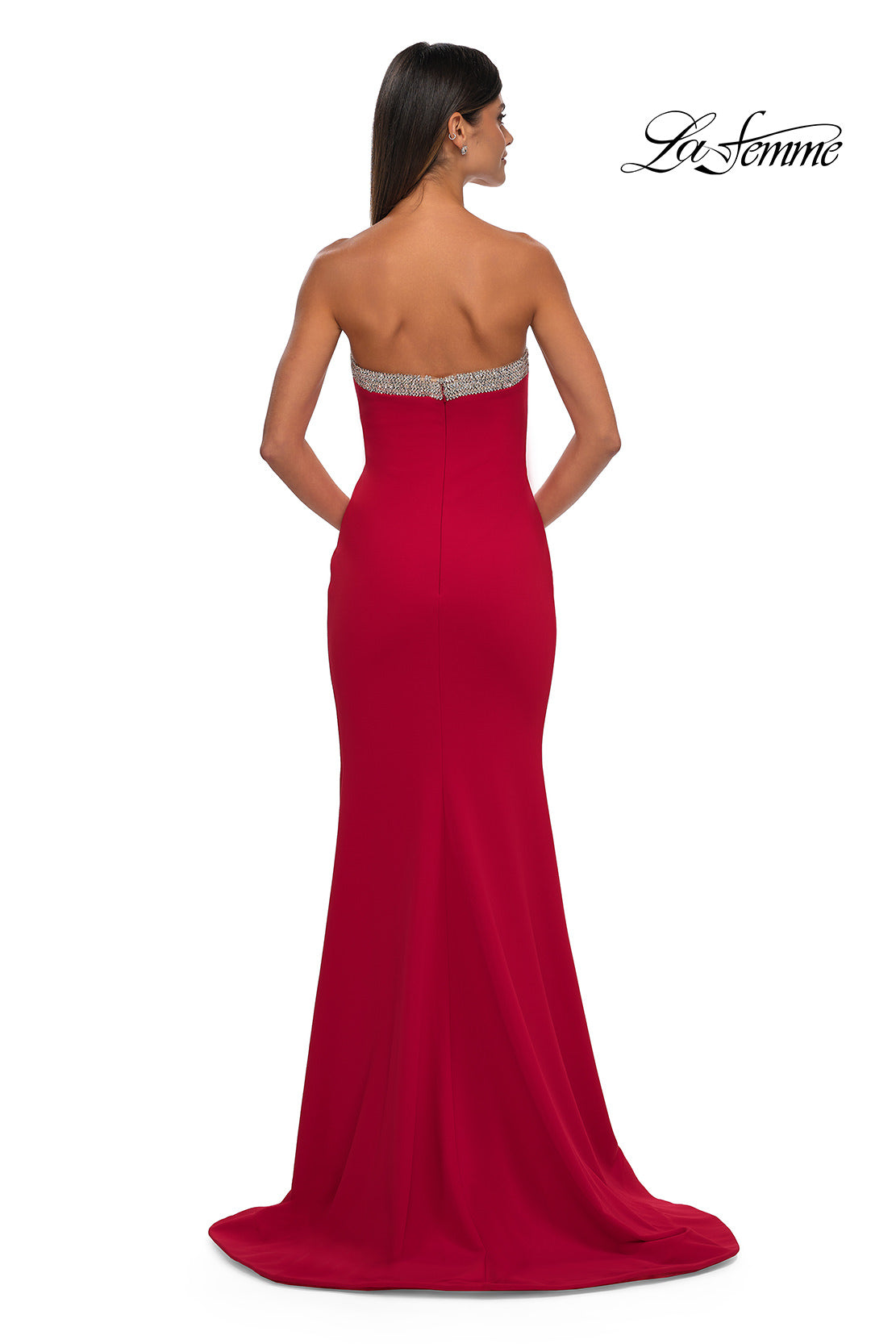 Picture of: Strapless Jersey Gown with Stunning Rhinestone Neckline in Red, Style: 32891, Detail Picture 6