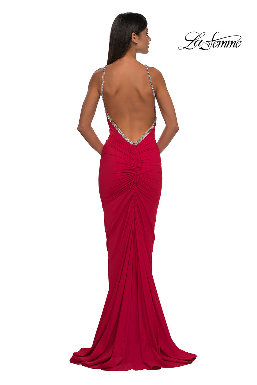 Picture of: Ruched Long Prom Dress with Low Back and Rhinestone Details in Red , Style: 32970, Detail Picture 6