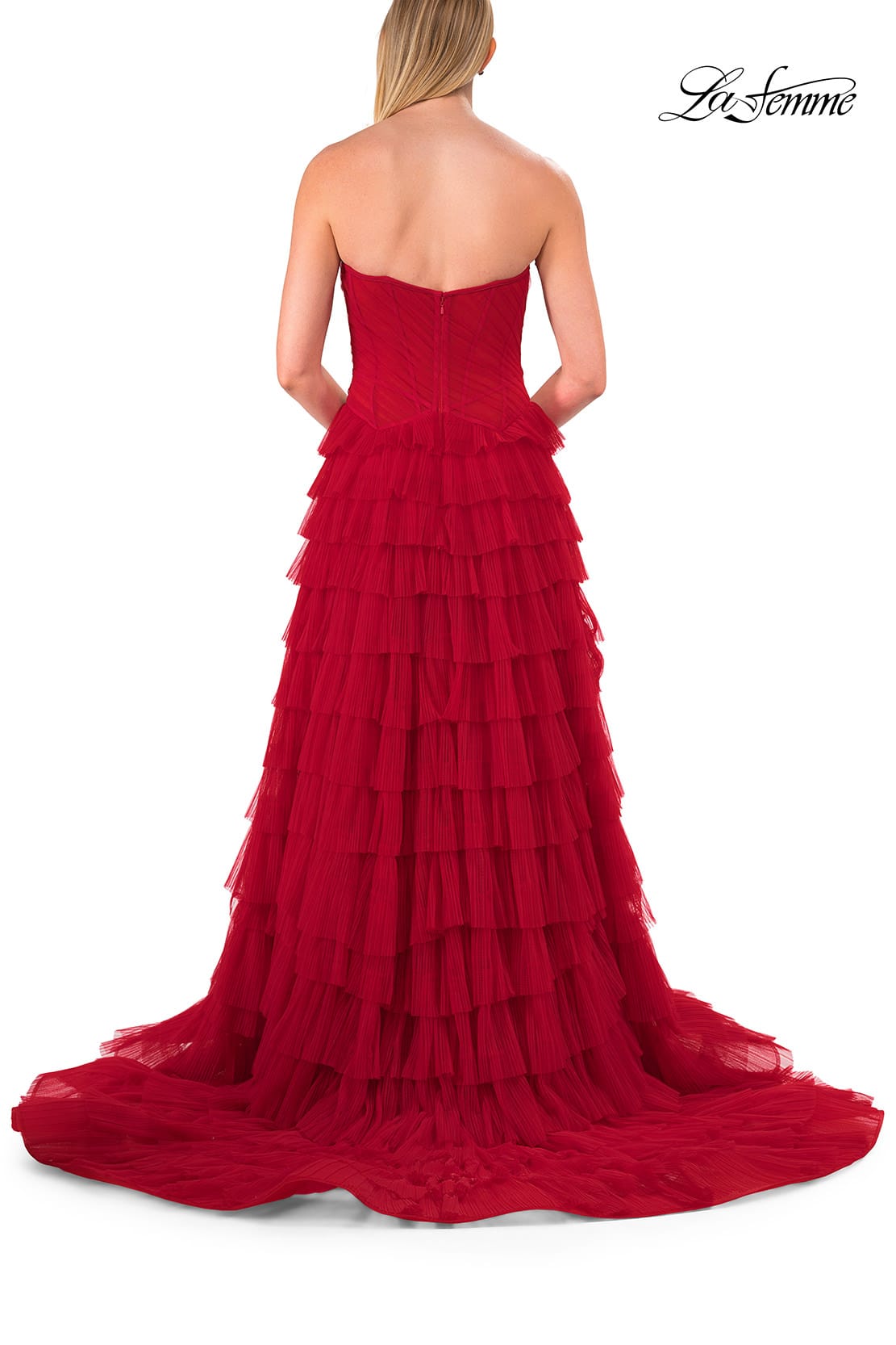 Picture of: Strapless Tiered Ruffle Gown with Pleated Bodice and Front Slit in Red, Style: 33202, Detail Picture 6