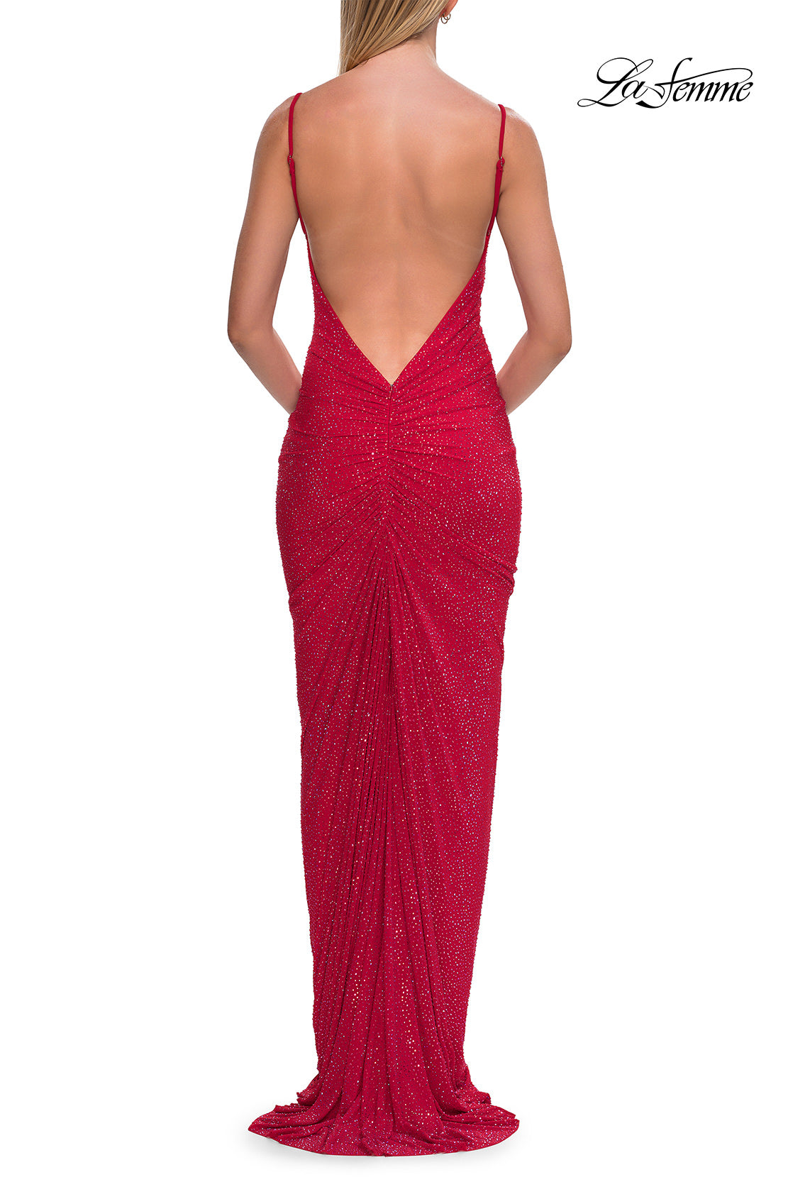Picture of: Rhinestone Cowl Neck Gown with Open Back and Ruching in Red, Style: 33302, Detail Picture 6