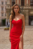 Picture of: Strapless Net Jersey Gown with Corset Bodice and High Slit in Red, Style: 33445, Detail Picture 6