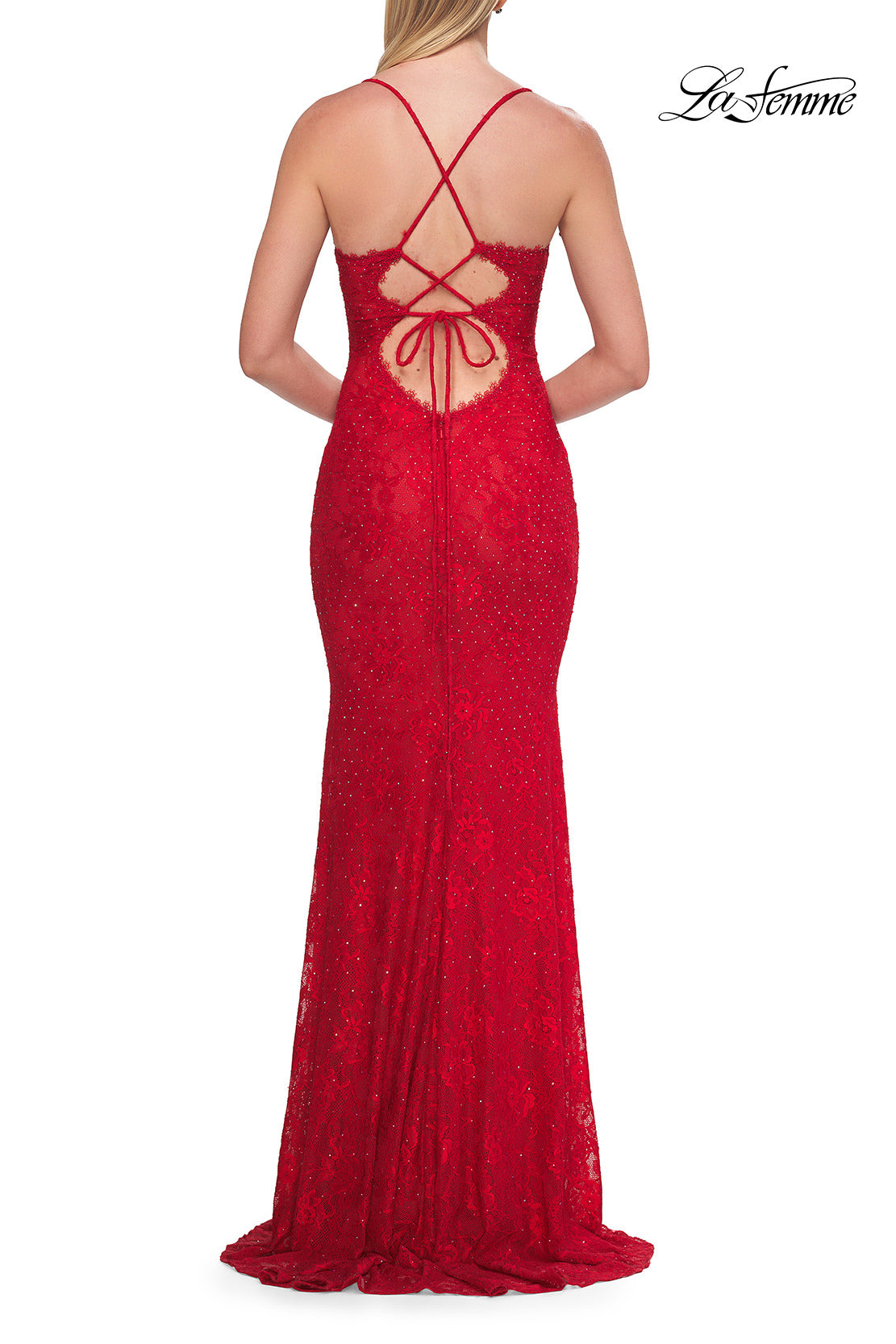 Picture of: Lace Fitted Gown with Crisscross Back and Rhinestones in Red, Style: 33514, Detail Picture 6