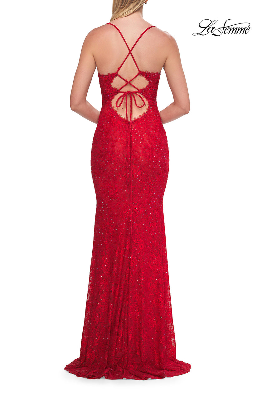 Picture of: Lace Fitted Gown with Crisscross Back and Rhinestones in Red, Style: 33514, Detail Picture 6