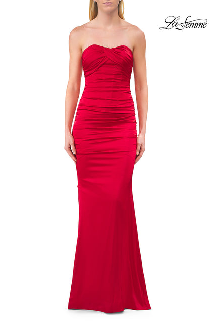 Picture of: Strapless Satin Gown with Ruching and Lace-Up Back in Red, Style: 33654, Detail Picture 6
