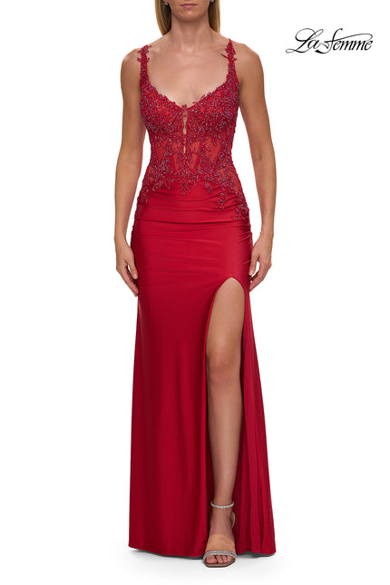 Picture of: Rhinestone Lace Corset Gown with Slit and Crisscross Lace-Up Back in Red, Style: 33769, Detail Picture 6