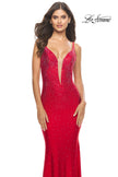 Picture of: Bedazzled Rhinestone Jersey Gown with Deep V Neckline in Red, Style: 31215, Detail Picture 7