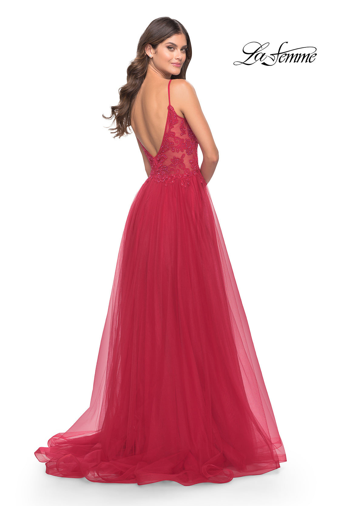 Picture of: A Line Tulle Gown with Lace Bodice and V Back in Red, Style: 31507, Detail Picture 7