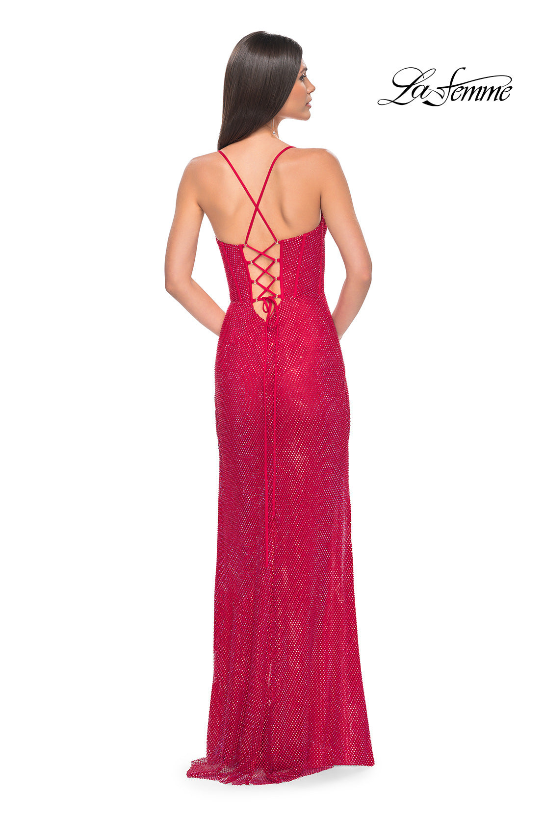 Picture of: Fishnet Rhinestone Prom Dress with Bustier Top and High Slit in Red, Style: 32210, Detail Picture 7