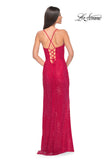 Picture of: Fishnet Rhinestone Prom Dress with Bustier Top and High Slit in Red, Style: 32210, Detail Picture 7