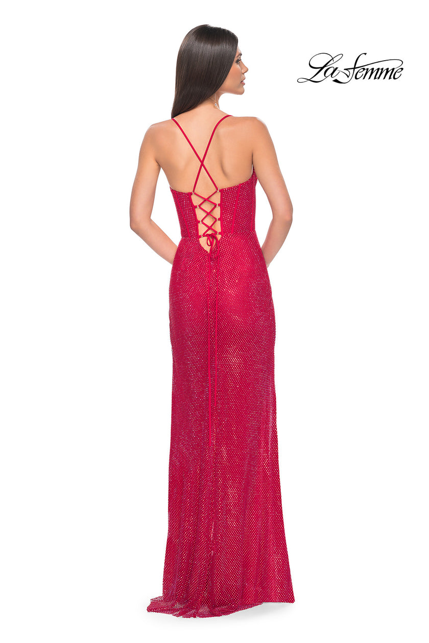 Picture of: Fishnet Rhinestone Prom Dress with Bustier Top and High Slit in Red, Style: 32210, Detail Picture 7