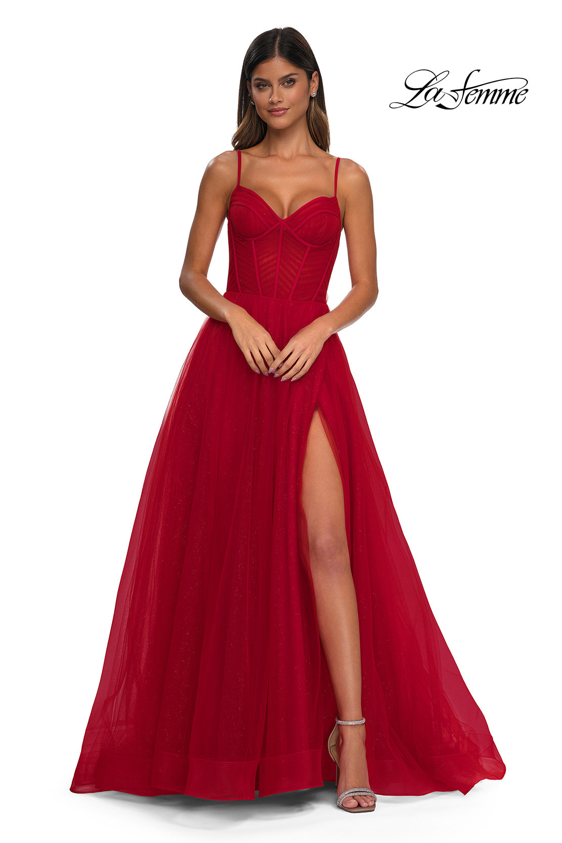 Picture of: Prom Dress with Sparkle Tulle and Ruched Corset Top in Red, Style: 32680, Detail Picture 7