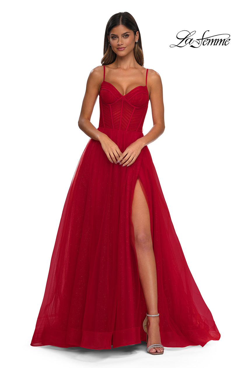 Picture of: Prom Dress with Sparkle Tulle and Ruched Corset Top in Red, Style: 32680, Detail Picture 7
