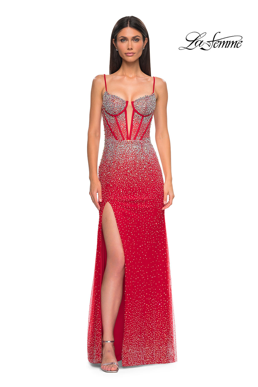 Picture of: Rhinestone Embellished Fitted Prom Dress with Corset and Deep V in Red , Style 32717, Detail Picture 7