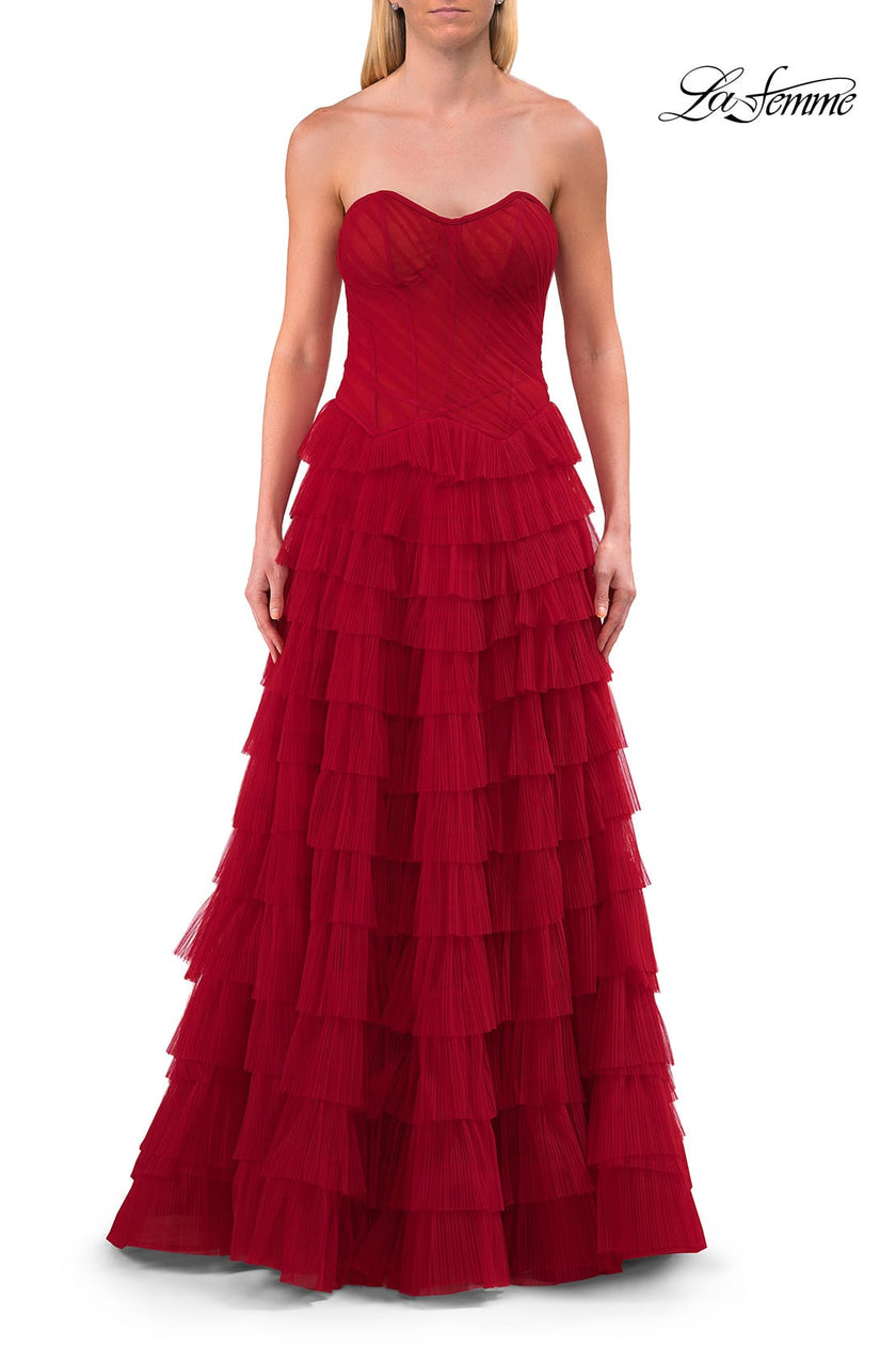 Picture of: Strapless Tiered Ruffle Gown with Pleated Bodice and Front Slit in Red, Style: 33202, Detail Picture 7