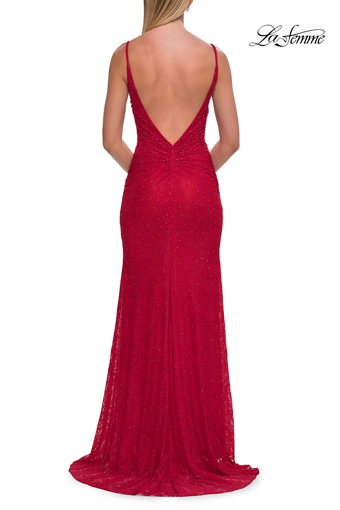 Picture of: Fitted Lace Gown with Plunging Neckline, Ruching, and High Slit in Red, Style: 33293, Detail Picture 7