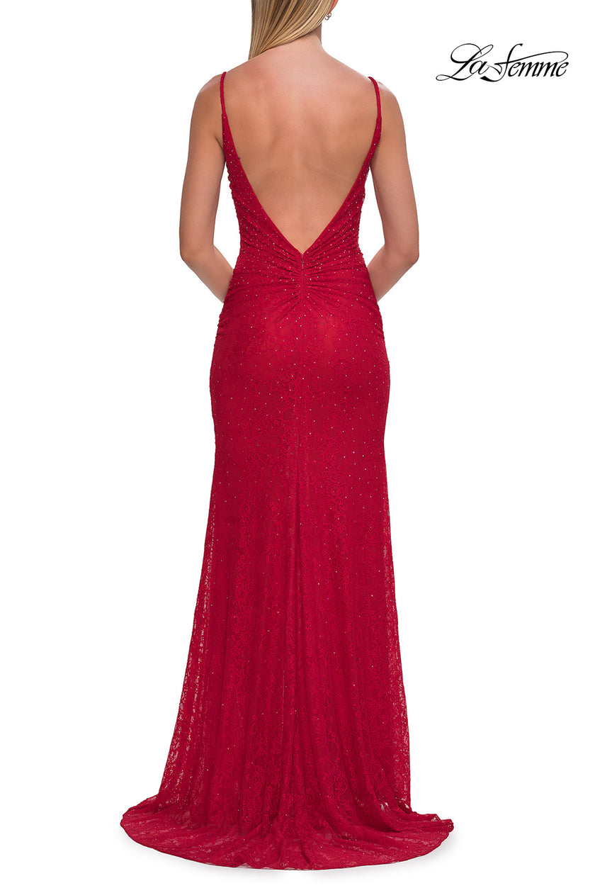 Picture of: Fitted Lace Gown with Plunging Neckline, Ruching, and High Slit in Red, Style: 33293, Detail Picture 7