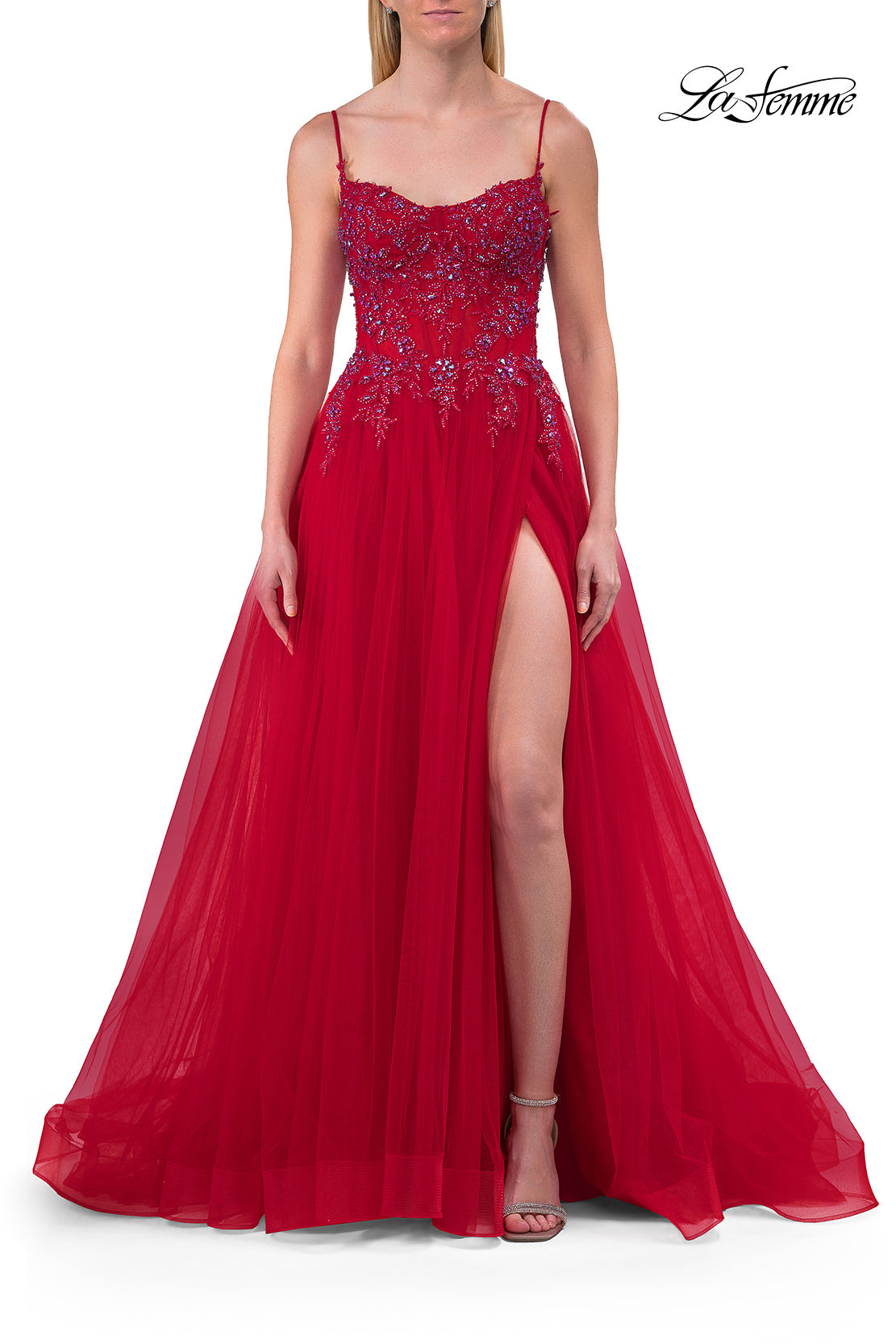 Picture of: Beaded Tulle A-Line Gown with Sheer Corset Bodice in Red, Style: 33702, Detail Picture 7