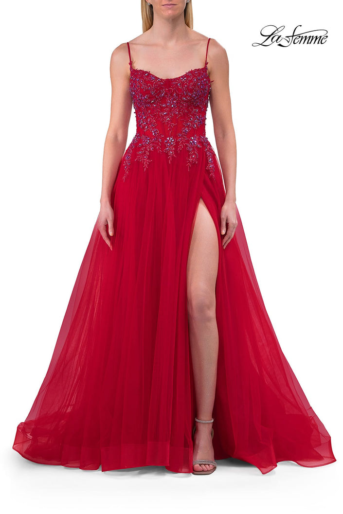 Picture of: Beaded Tulle A-Line Gown with Sheer Corset Bodice in Red, Style: 33702, Detail Picture 7