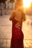 Picture of: Print Sequin Long Prom Dress with Lace Up Back in Red, Style: 31933, Detail Picture 1