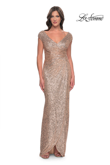 Picture of: Sequin Evening Dress with Ruching and V Neckline in Rose Gold, Style: 30865, Main Picture