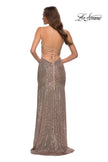 Picture of: Lace Up Back Sequin Gown with Flare Skirt in Rose Gold, Style 29741, Back Picture