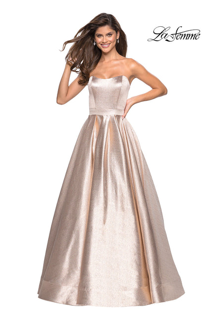 Picture of: Long Metallic Strapless A Line Ball Gown in Rose Gold, Style: 27280, Detail Picture 1