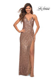 Picture of: Draped Slit Long Sequin Gown with Lace Up Back in Rose Gold, Detail Picture 4