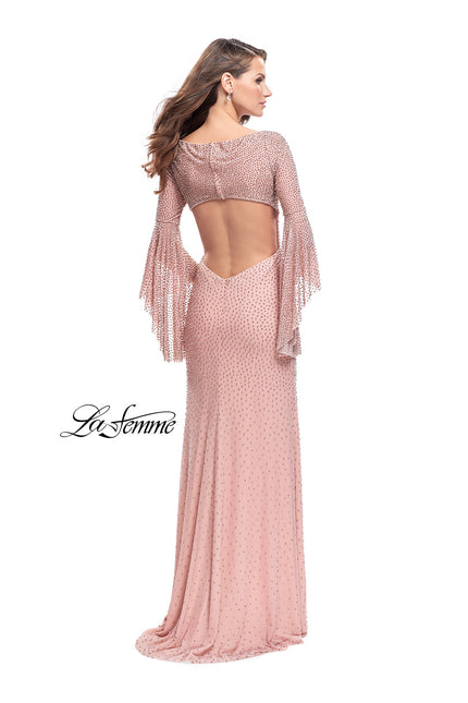 Picture of: Beaded Prom Dress with 3/4 Bell Sleeves and Leg Slit in Rose Gold, Style: 25717, Back Picture