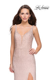 Picture of: Form Fitting Prom Dress with Metallic Beading and Slit in Rose Gold, Style: 25931, Detail Picture 1