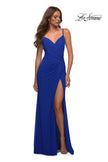 Picture of: Net Jersey Long Ruched Gown with Slit and Open Back in Royal Blue, Detail Picture 1