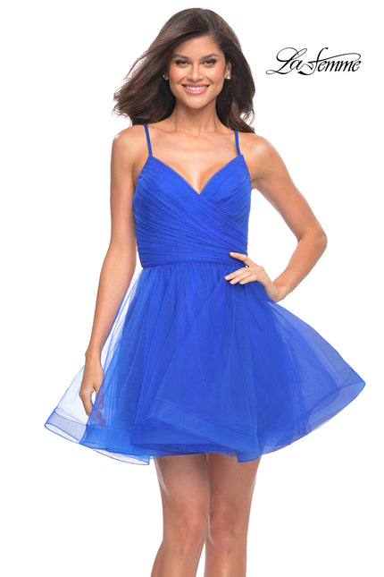 Picture of: Short Fit and Flare Tulle Dress with Open Back in Royal Blue, Detail Picture 2