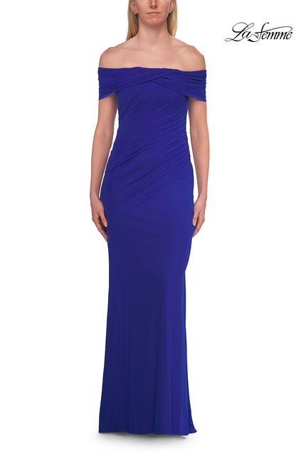 Picture of: Off-the-Shoulder Ruched Jersey Gown in Royal Blue, Style: 33273, Detail Picture 1