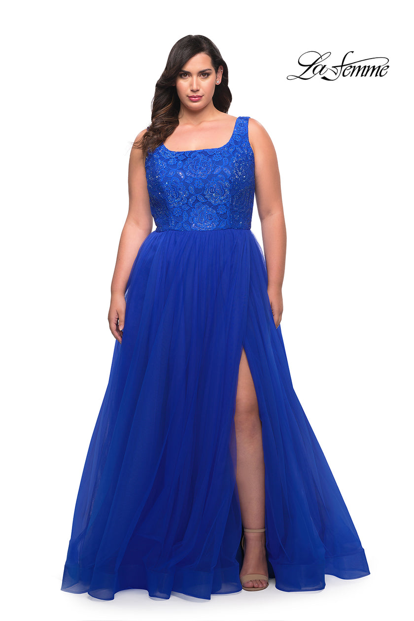 Picture of: A-line Tulle and Lace Plus Size Gown with Slit in Royal Blue, Style: 29070, Main Picture
