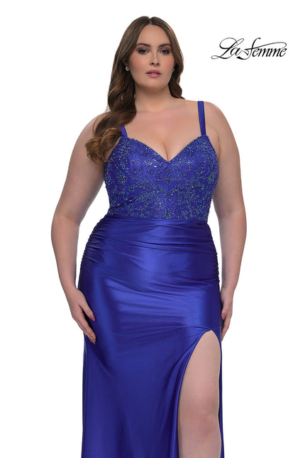 Picture of: Stretch Satin Plus Dress with Beautiful Rhinestone Designed Bodice in Royal Blue, Style: 32430, Main Picture