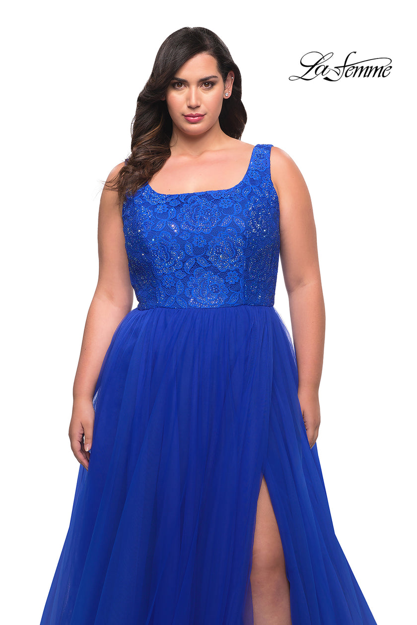 Picture of: A-line Tulle and Lace Plus Size Gown with Slit in Royal Blue, Style: 29070, Detail Picture 8