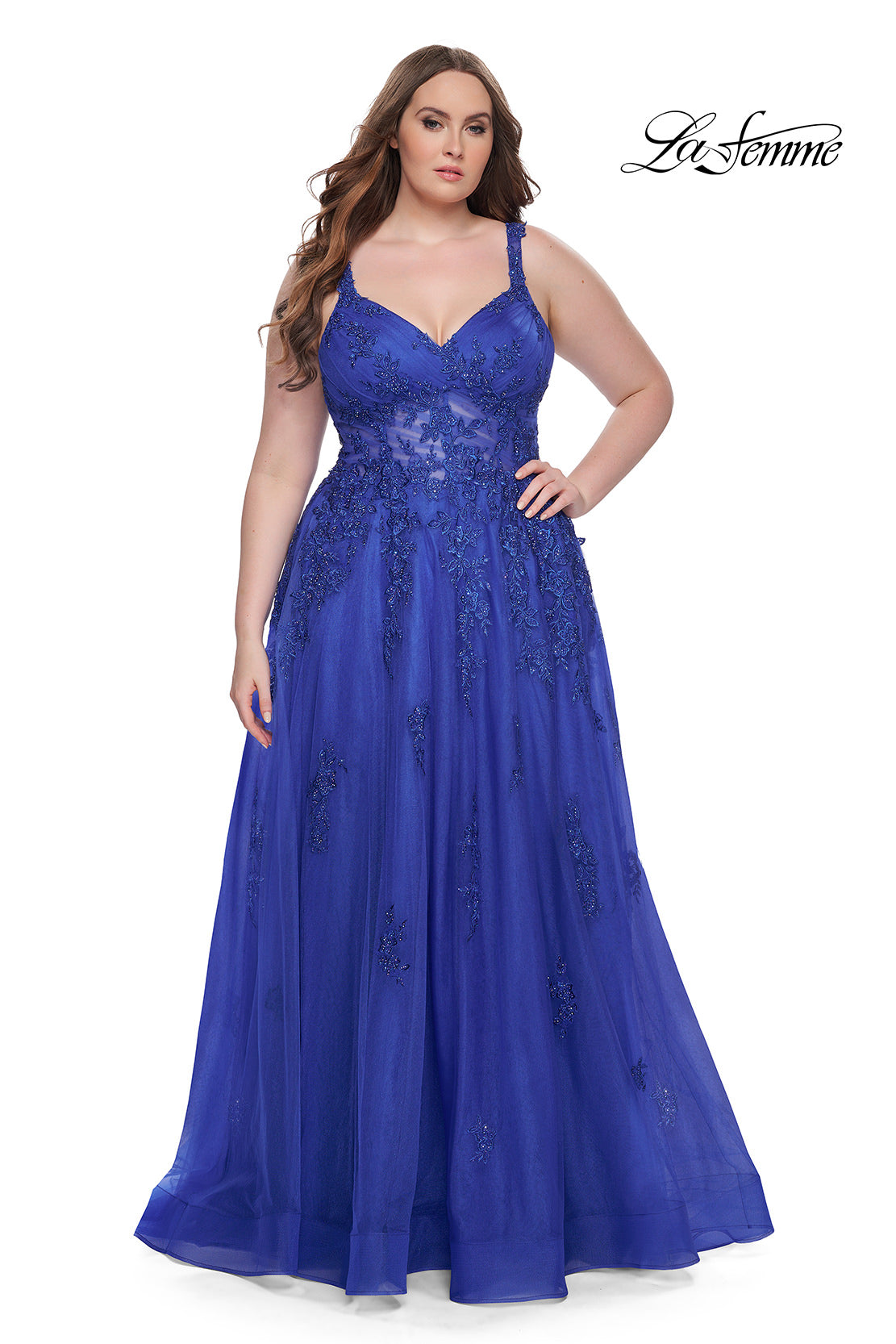 Picture of: Lace Embellished Tulle A-Line Dress with Illusion Back in Royal Blue, Style: 31383, Detail Picture 12