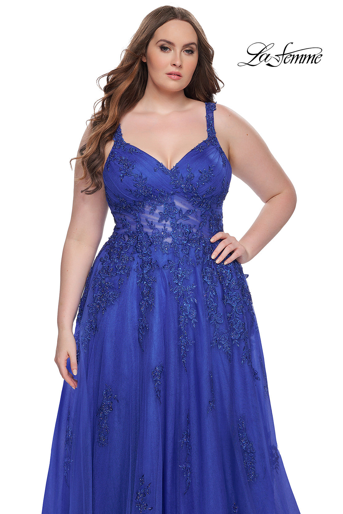 Picture of: Lace Embellished Tulle A-Line Dress with Illusion Back in Royal Blue, Style: 31383, Detail Picture 15