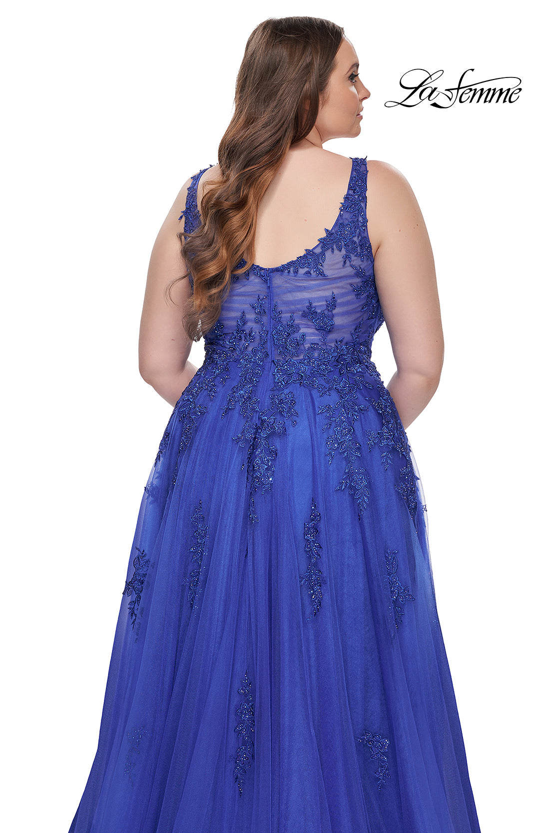 Picture of: Lace Embellished Tulle A-Line Dress with Illusion Back in Royal Blue, Style: 31383, Detail Picture 16