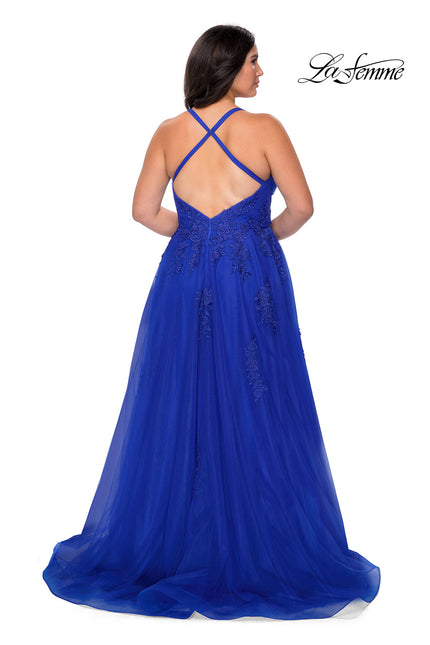 Picture of: Plus Size A-line Tulle Prom Dress with Floral Detailing in Royal Blue, Style: 29021, Back Picture