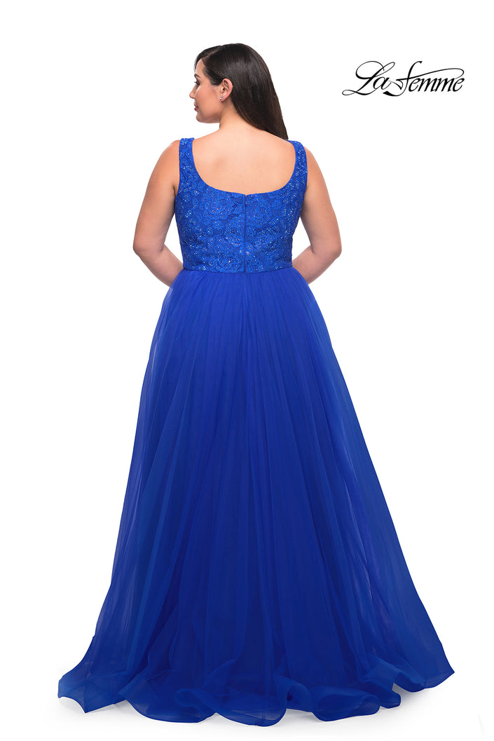 Picture of: A-line Tulle and Lace Plus Size Gown with Slit in Royal Blue, Style: 29070, Back Picture