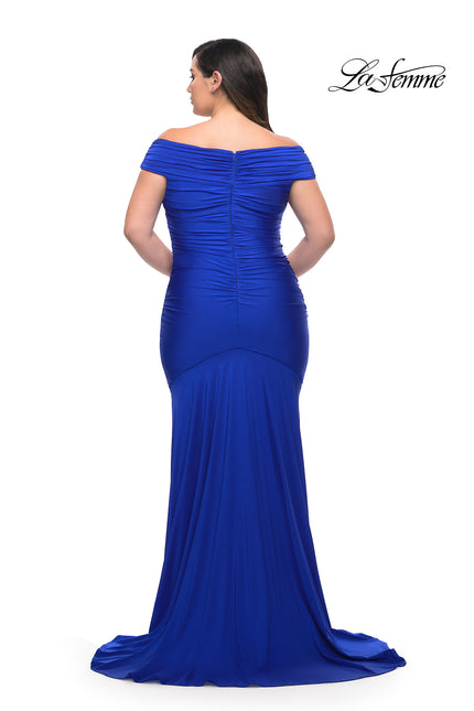 Picture of: Off the Shoulder Ruched Plus Size Gown with Train in Royal Blue, Style: 29132, Back Picture
