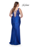 Picture of: Ruched Jersey Plus Dress with Illusion Lace Bodice and Tie Back in Royal Blue, Style: 31273, Back Picture