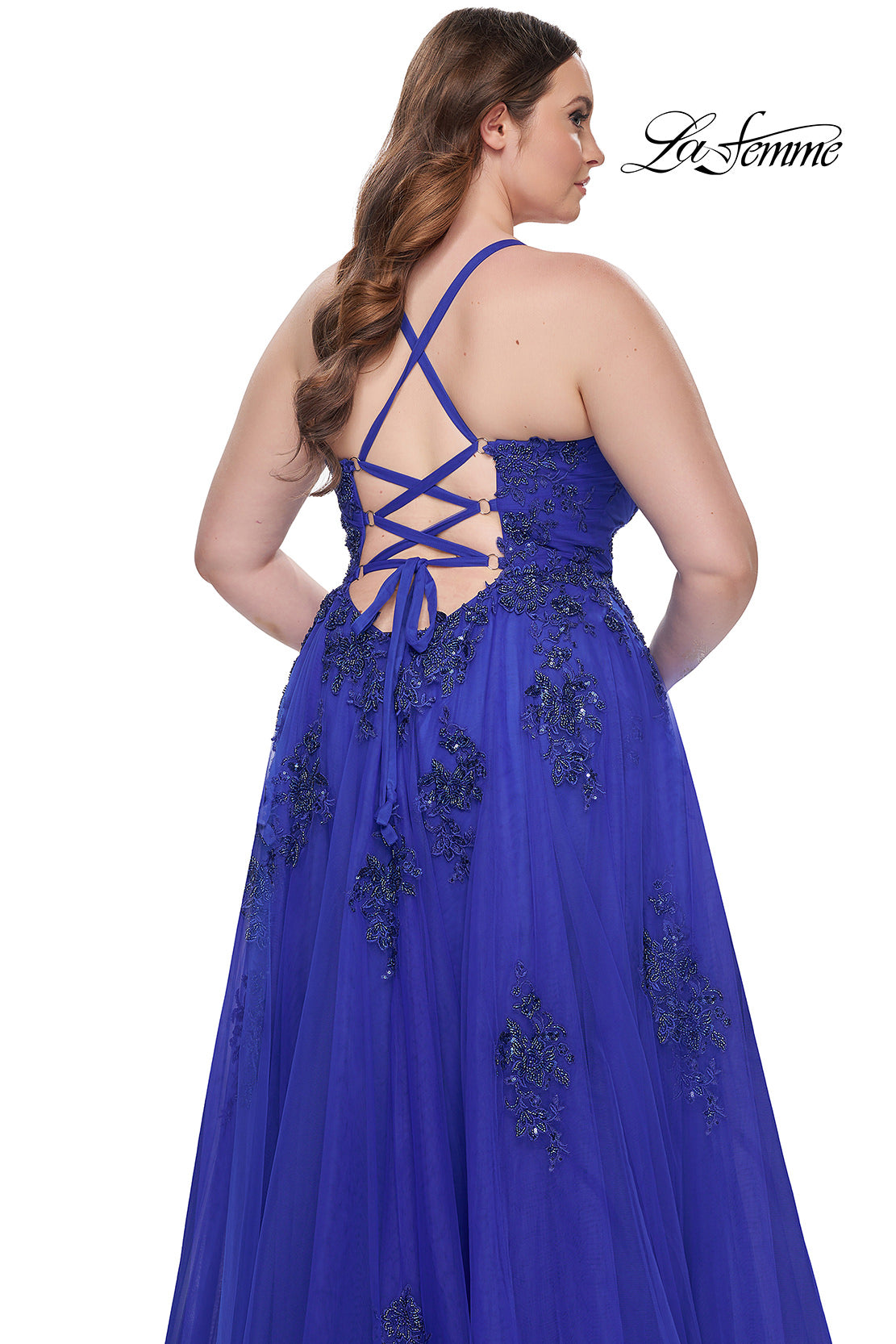 Picture of: A-Line Tulle Plus Dress with Lace Applique and Tie Back in Royal Blue, Style: 31378, Detail Picture 2