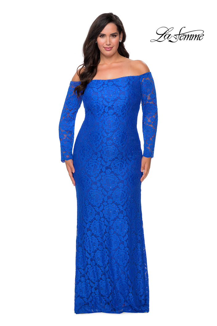 Picture of: Long Sleeve Off The Shoulder Lace Plus Size Dress in Royal Blue, Style: 28859, Detail Picture 3
